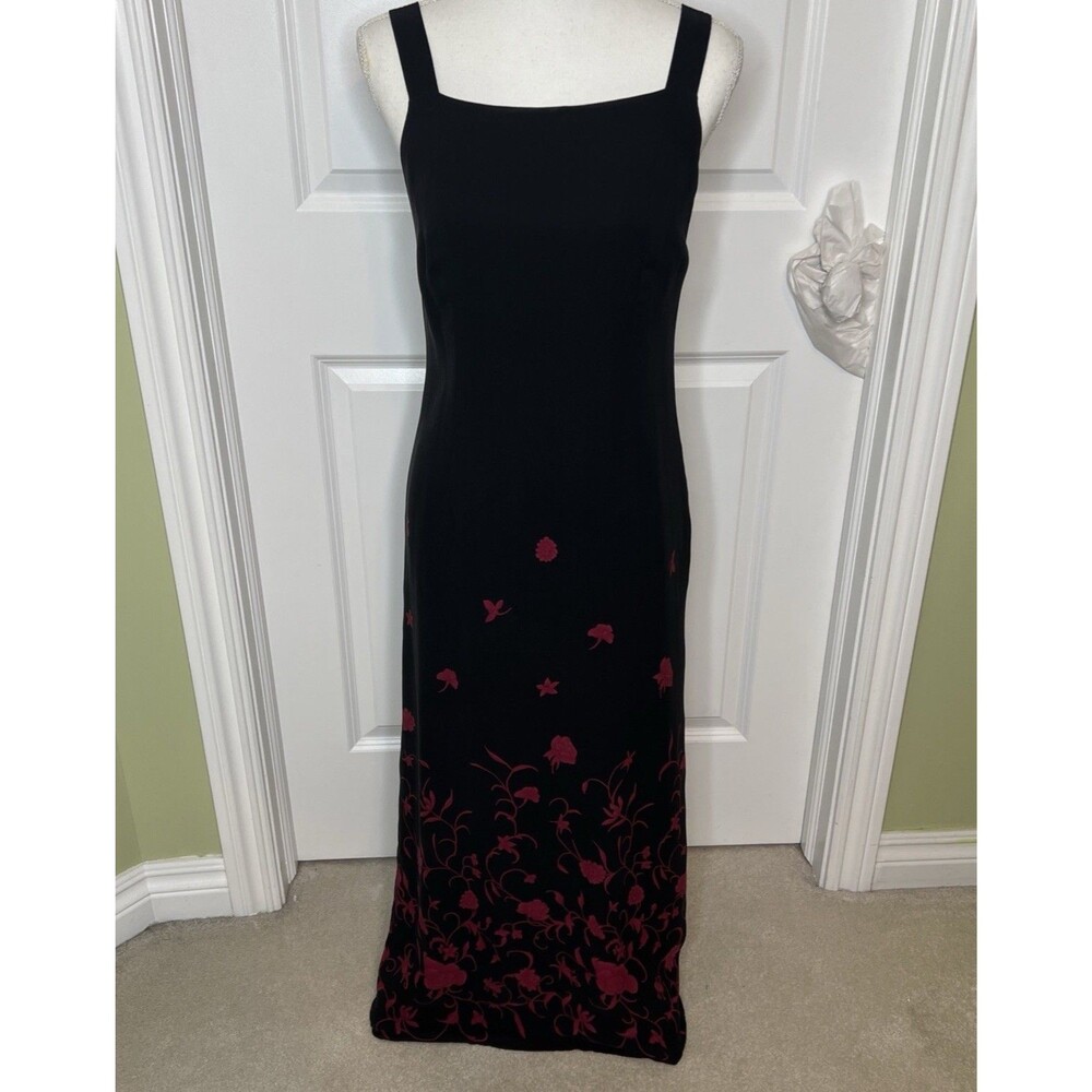 Casual Corner Womens Silk Square Neck Slip Dress Black Size 6 (S) Red Floral Vtg